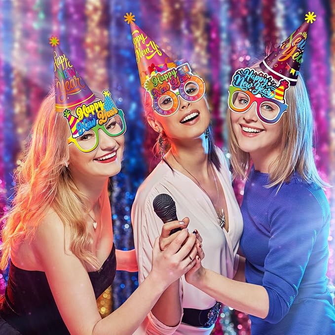 36 Pcs Happy New Year Party Favors 2026 Neon New Year Eve Party Supplies for Adults & Kids,12 Neon Cone Hats and 24 Paper Glasses Fun Decoration Props for NYE Decorations
