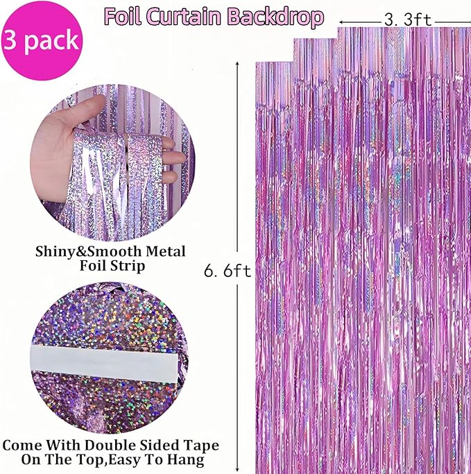 3 Pack Foil Curtain Backdrop 3.3x6.6 ft Tinsel Fringe Curtains for Parties Metallic Streamers Photo Booth Props,Wedding & Birthday,Holiday Decorations Disco,Bachelorette,Door Hanging Decor (Pink)