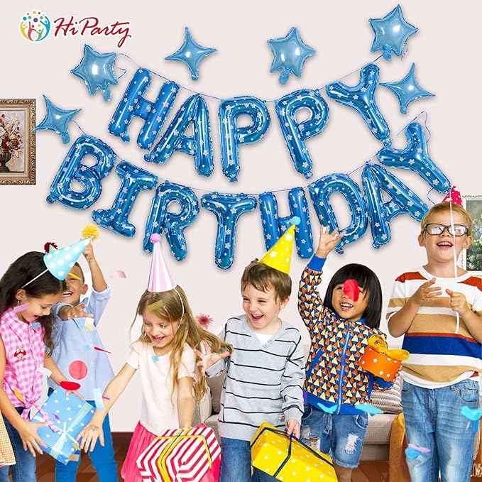 HiParty 24pcs Blue Point Happy Birthday Banner & Balloons, 3D Mylar Foil Star & Letter Balloons for Men Women Adults Kids, Ecofriendly Party Supplies
