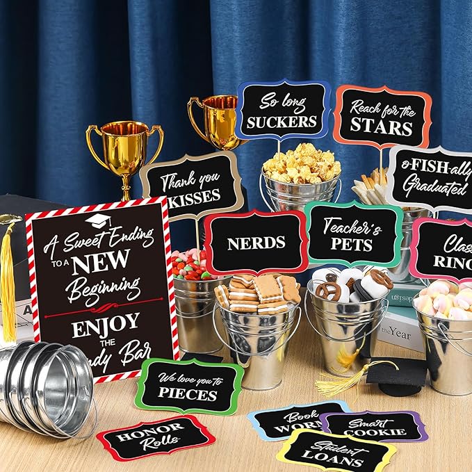 12 Set 2026 Graduation Candy Buffet Party Decoration Graduation Table Candy Bar Snack Labels Signs and 5'' Buckets with Handle for Class of 2026 Party Parties Supplies(Pure Style,Silver Color)