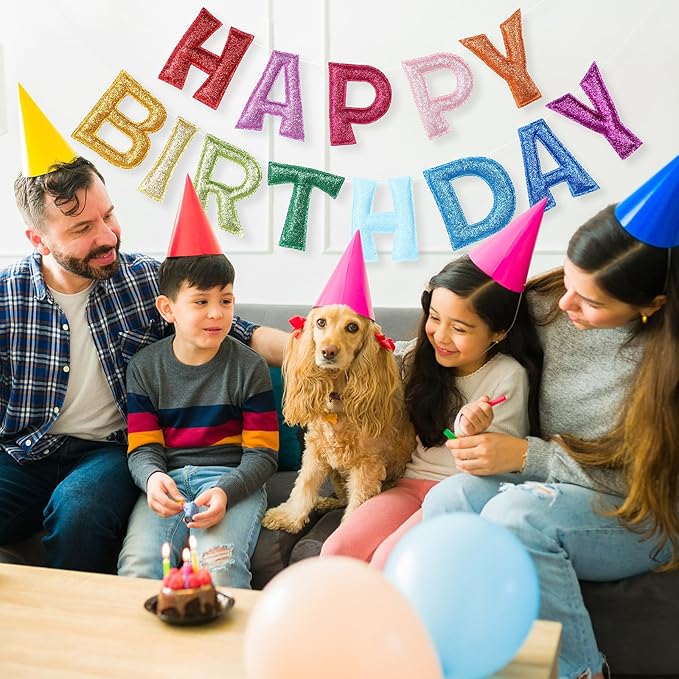 Tegeme Felt Happy Birthday Banner, Pre-strung Glitter Happy Birthday Garland Reusable Colorful Rainbow Decoration for Woman, Man Party Photo Prop(Classic,Yellow-green)
