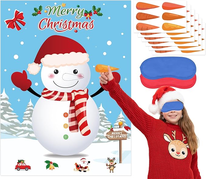 WNINK Pin The Nose on The Snowman Game, Christmas Games, Christmas Party Activities with 36 pcs Nose Stickers and Blindfold for Kids, Adults, Family Holiday Fun