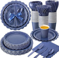 350 Pcs Navy Blue Plates and Napkins, 50 Guest Graduation Party Supplies Include Scalloped Paper Plates Napkins Cups Plastic Spoons Forks Knives Disposable Tableware Set for School Graduate