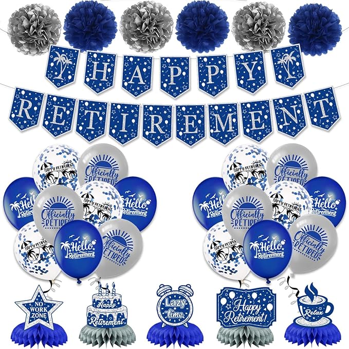 Happy Retirement Party Decorations for Men Women,Blue Silver Retirement Decorations,Happy Banners,Balloons Honeycomb Centerpieces,Paper Pompoms,Office Yard Sign Farewell Party Supplies