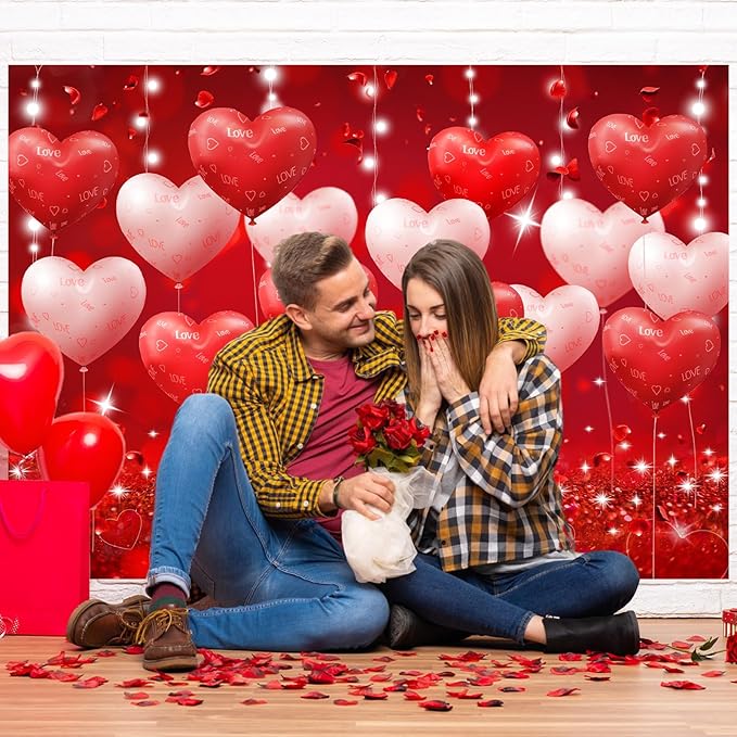 Red Hearts Balloons Anniversary Backdrop Banner Romantic Love Theme Photography Background for Anniversary Engagement Wedding Bridal Shower Couples Date Night Party Decorations 8x6ft（96x72 Inch）