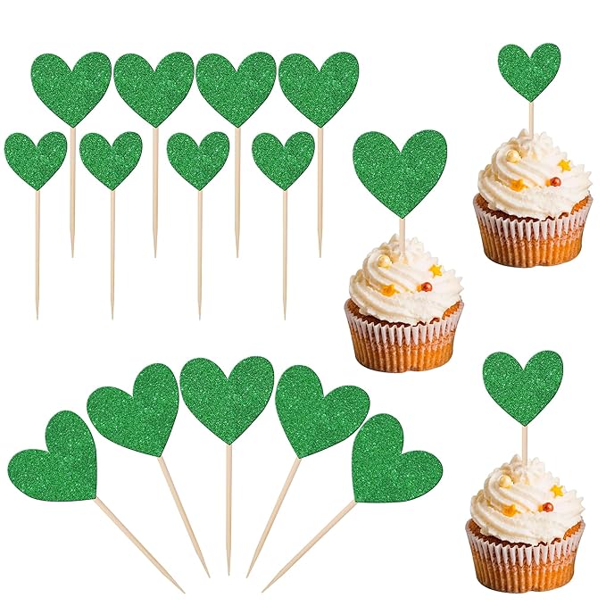 30 PCS Love Heart Cupcake Toppers Glitter Sweet Love Cupcake Picks Bridal Shower Wedding Engagement Cake Decorations for Valentine's Day Baby Shower Birthday Anniversary Party Supplies Green