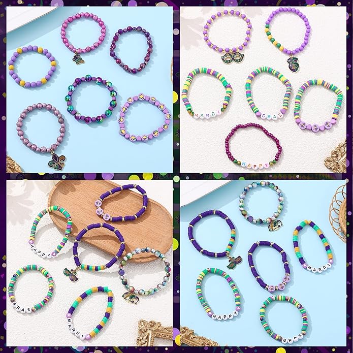 Cooluckday 36 Pcs Holiday Heishi Surfer Bracelets for Women Bulk Easter Mother's Day Christmas St. Patrick's Day Mardi Gras Bracelet Stackable Stretch Friendship Bracelets Set