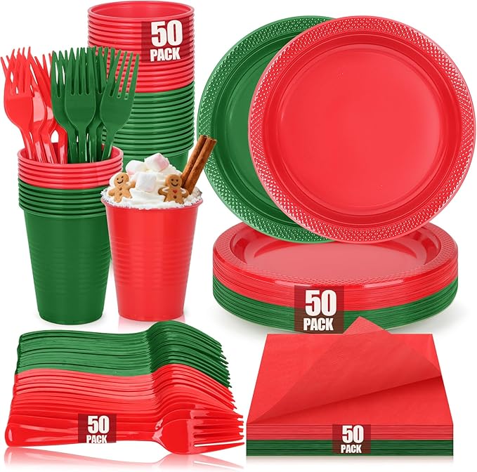 Christmas Plastic Plates and Napkins Set, Disposable 9'' Red and Green Dinner Party Plate and Cups and Napkins Set for 50 Guests, Dinnerware Sets for Christmas, Birthday,Wedding, BBQ