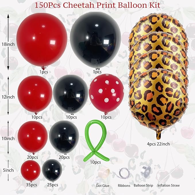 150PCS Cheetah Balloon Arch Garland Kit with Black Red Leopard Print Cherry Balloons for Cheetah Birthday Decorations, Leopard Party Decor, Cherry Theme, Girls Night, Bachelorette