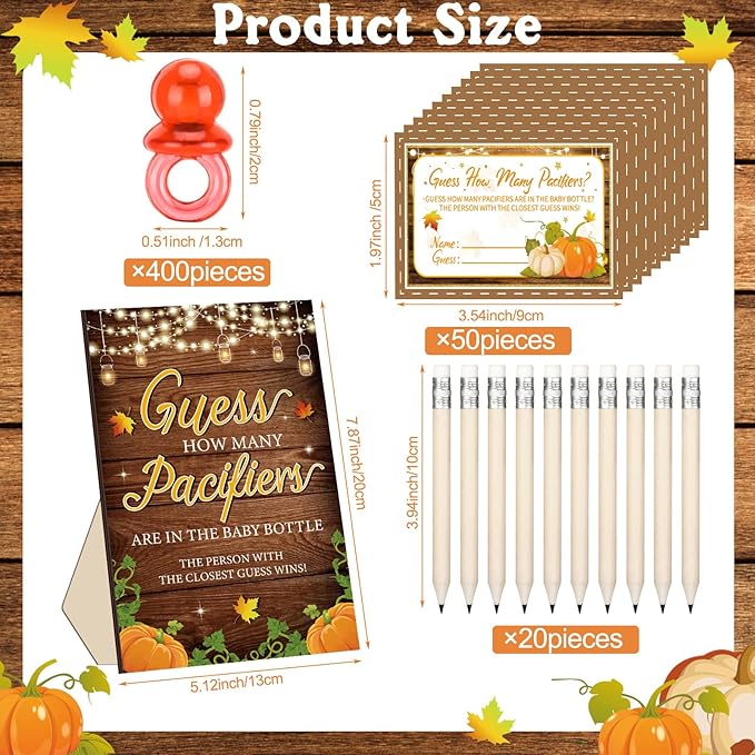 Syhood Fall Baby Shower Games Guess How Many Pacifiers Pumpkin Game Sign 50 Small Guessing Games 20 HB Pencils 750 ml Milk Bottle 400 Acrylic Pacifiers Decorations Guests Gender Reveal Party Favors