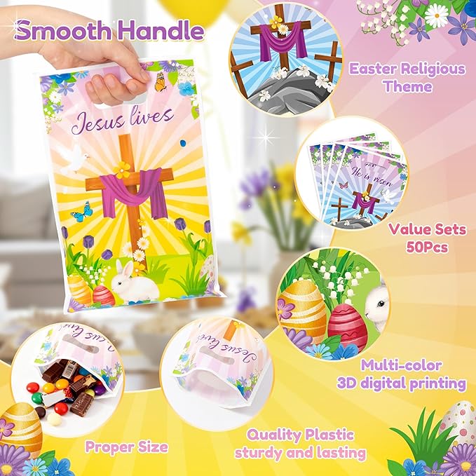50Pcs Easter He is Risen Party Favor Bags Jesus Lives Religious Goodie Candy Treat Gift Bag Bunny Egg Christian Cross Party Decor for Sunday School VBS Church Spring Easter Jesus Birthday Supplies