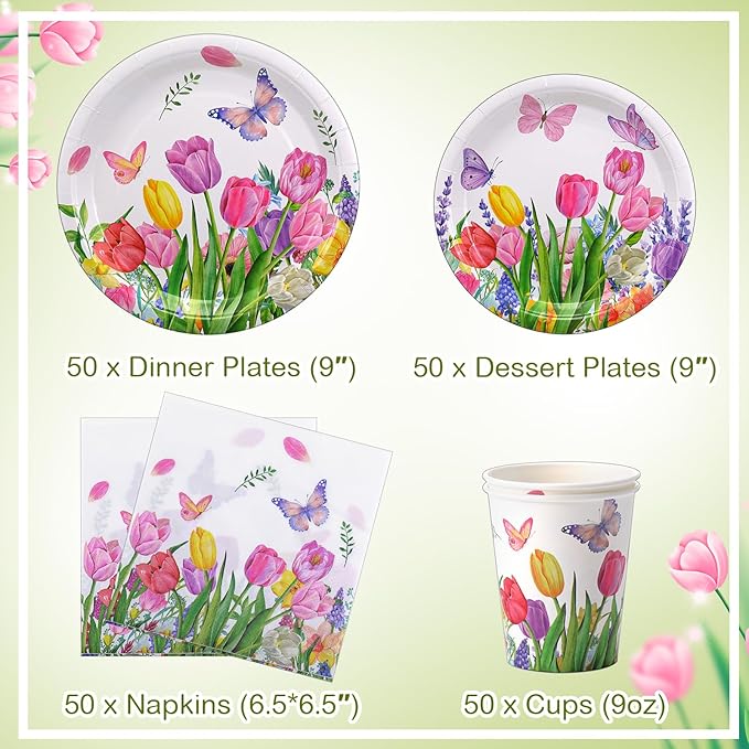 Pickmesh 250 Pcs Party Disposable Tableware Set Paper Plates and Napkins Cups Supplies Tea Party Theme Dinner Dinnerware for Birthday Bridal Baby Shower wedding Decoration Serves 50 (Tulip)