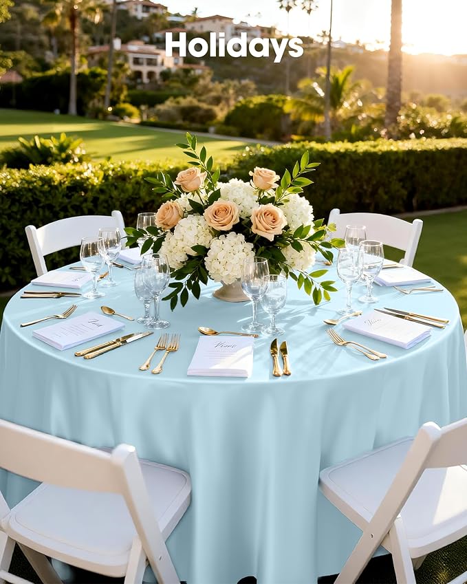 Pureegg Plastic Table Cloth Disposable 8 Pack, 84'' Round Table Cloths, Easter Party, Picnic, Wedding, Decorative Tablecloths, Round, Baby Blue Plastic Cover, Leakproof & Sturdy, Light Blue