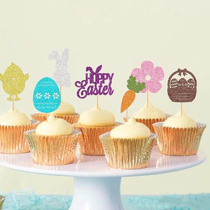 Ercadio 28Pcs Happy Easter Cupcake Toppers Glitter Bunny Easter Eggs Carrot Rabbit Chick Cupcake Picks for Happy Easter Cupcake Decors Easter Baby Shower Birthday Wedding Party Supplies