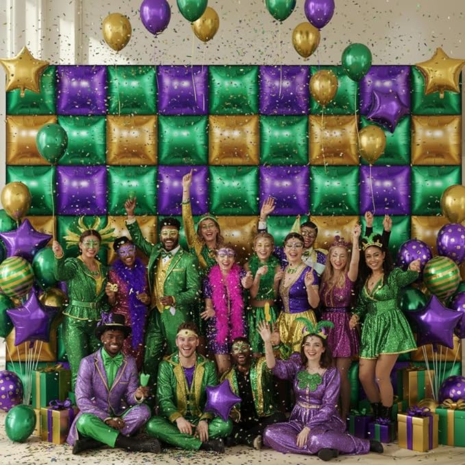 50 Pcs Mardi Gras Party Decor Double Sided Square Foil Balloons Wall Backdrop 19'' Purple Green Gold Foil Balloon Tunnel Arch Garland Kit for Fat Tuesday New Orleans Carnival Masquerade Party