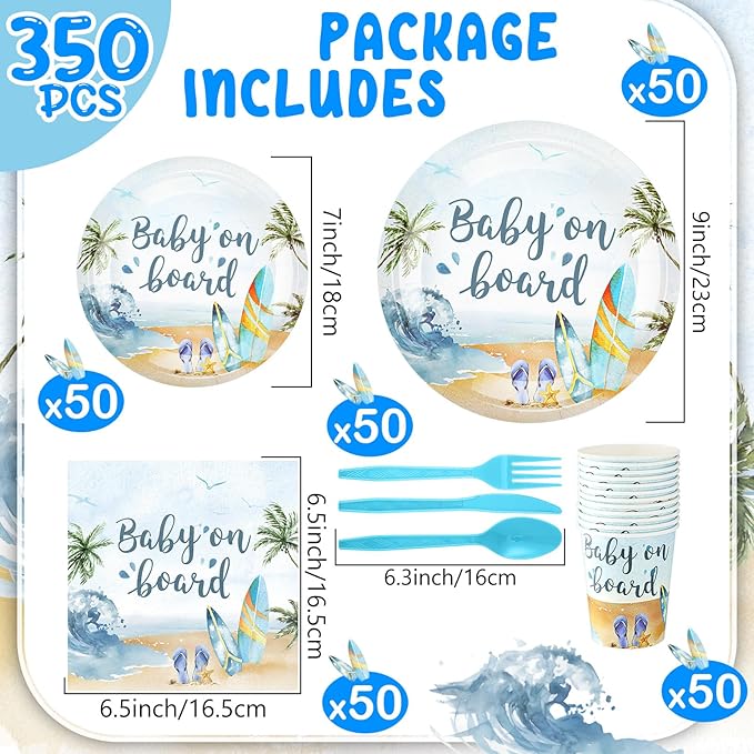 350 Pieces Baby on Board Party Decorations Supplies Tropical Summer Beach Party Tableware Set Baby Shower Party Dessert Plates Napkins Forks for 50 Guests