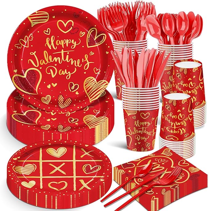140Pcs Valentine's Day Party Supplies Tableware Set Red Heart Love Valentine's Day Paper Plates and Napkins Anniversary Wedding Party Decorations Couple Dating Dinner Plates, Serve for 20 Guest