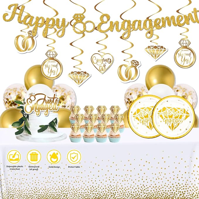 Gold Engagement Party Decorations Kit - Happy Engagement Glitter Banner, MR & MRS Foil Balloons, Giant Diamond Ring Balloon, Tablecloth, Photo Booth Props and Future Mr Mrs Sashes Decor Set