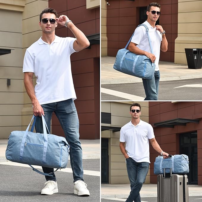 Carry on luaggage 22x14x9 Airlines Approved, Foldable Travel Duffel Bags Weekender Overnight Carry on Duffel Luggage Gym Duffle Bag with Wet Pocket & Shoe Compartment for Women Men(Blue, 40L)