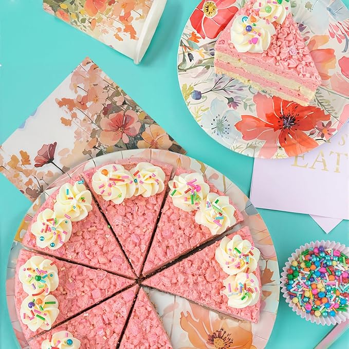 80pcs Floral Party Plates Disposable Tableware Set Orange Flower Paper Plates for 20 Guests Kids Party Picnic Wedding Tea Party Table Supplies (Include Plates, Cups and Napkins)