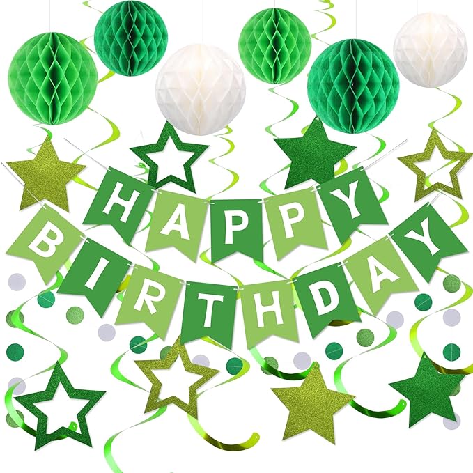 meowtastic Birthday Decorations, Happy Birthday Banner with Honeycomb Balls, Stars Hanging Swirls Streamers, Circle Dots Garland, Happy Birthday Party Decorations for Women Men Boys Girls (Green)