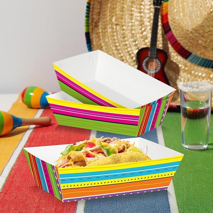 50 Pcs Mexican Taco Food Trays, Disposable Cinco De Mayo Paper Tray Fiesta Theme Party Decorations, Colorful Mexican Stripe Design Kitchen Decor Fiesta Ware Dinnerware for Mayo Party Supplies