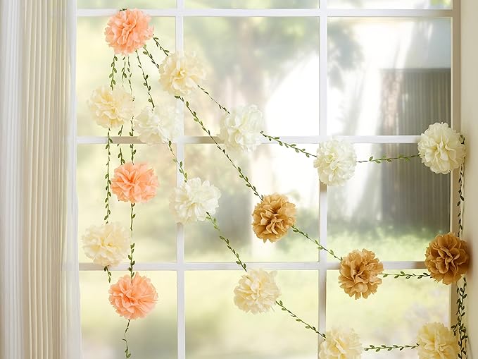 2 Pc Champagne Hanging Paper Flower Garland, 8.2 FT Ombre Tissue Paper Flower Garland, Champagne Gradient Pom Pom Garland for Wedding Backdrop Bridal Shower Engagement Party