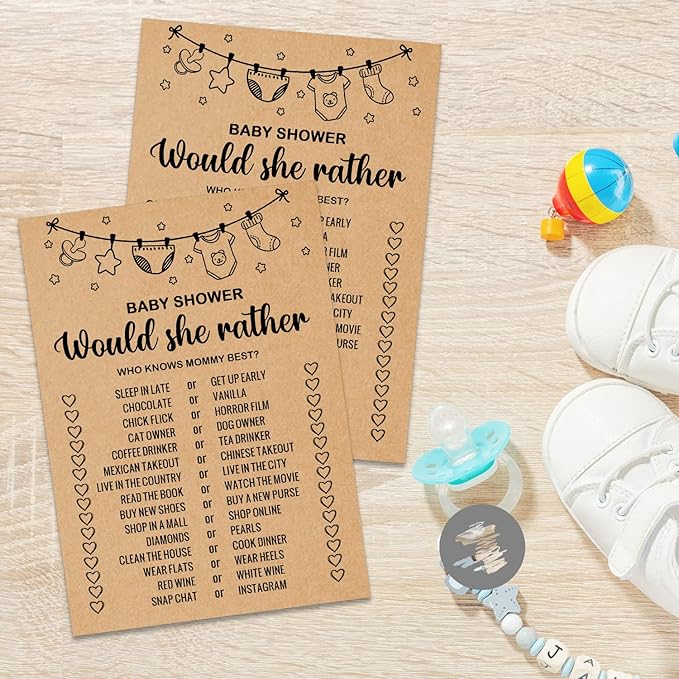 Baby Shower Game Cards, Would She Rather Baby Shower Games Ideas, Set of 30 Cards, Rustic Bridal Wedding Showers or Bachelorette Party Game, Kraft