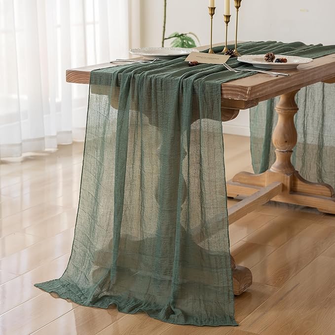 Keketoarrange Forest Green St. Patrick's Day Table Runner Gauze Rustic Cheesecloth 120 Inch 10 FT for Wedding Baby Shower Bridal Shower Birthday Party Sheer Boho Spring Easter Home Decorations