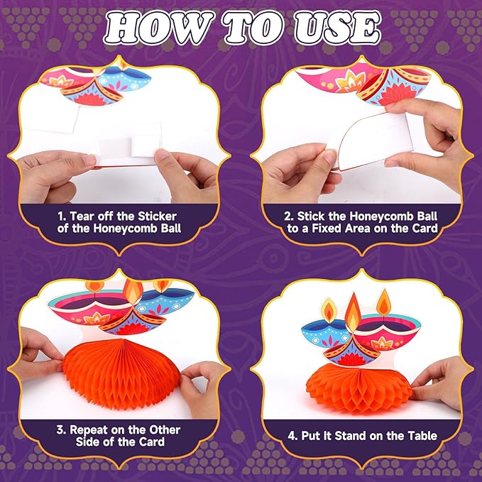 JULMELON 8PCS Diwali Party Decorations Honeycomb Centerpiece, 3D Double Sided Happy Diwali Centerpiece Table Decorations Table Toppers for Home Indian Diwali Festival of Lights Party Favors Supplies