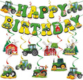 Zwiebeco Green Yellow Tractor Happy Birthday Banner Bunting Hanging Paper Swirls Garland Party Decorations for Farm Themed Baby Shower Kids Bday Decor Accessories Supplies