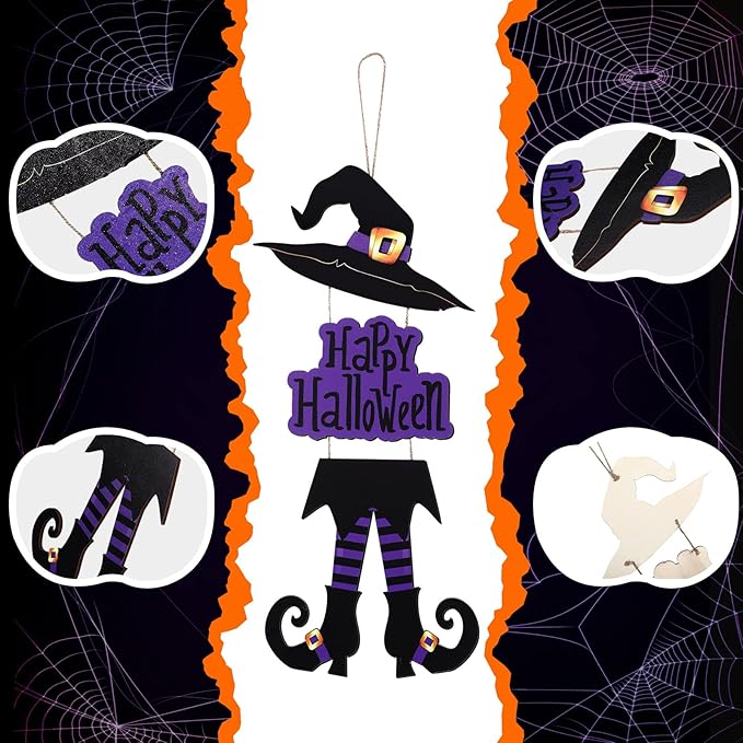 Yerliker Halloween Happy Sign Decoration Witch Legs Hat Hanging Wooden Wall Decor Version Rustic Front Door Hanger Fall Art Ornament for Home Room Indoor Outdoor Holiday Party(Purple)
