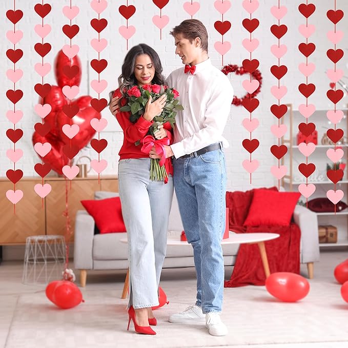 12 PCS Hanging Valentines Decor, Pre-Assemble Valentines Garland, Red Pink Galentines Decorations Heart Banner for Holiday Anniversary Wedding Birthday Party Backdrop Decor