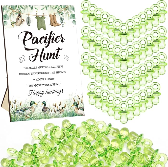 Thyle 51 Pcs Mallard Duck Pacifier Hunt Baby Shower Games Include Hunt Sign and 50 Acrylic Pacifiers for duck hunting Baby Shower Game Decoration Sets Gender Reveal newborn announcement Party Decor
