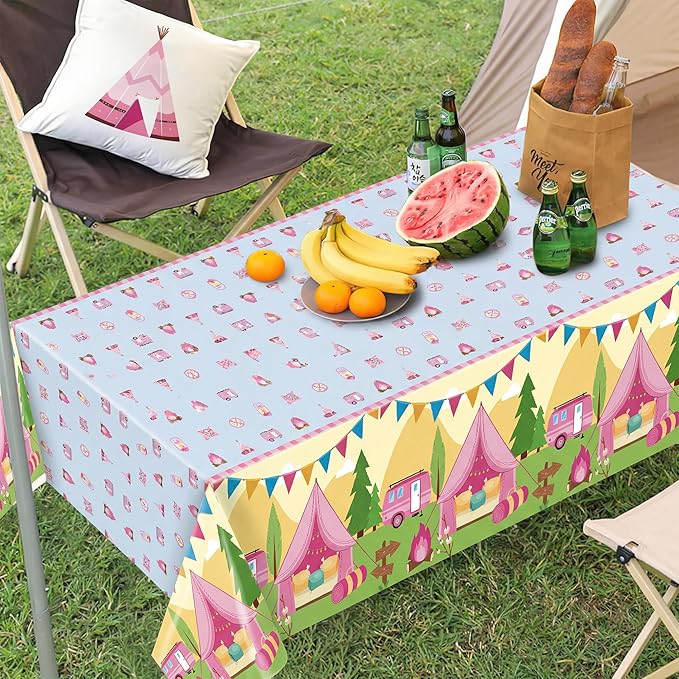 Table Cover Party Decor - 3 Pack Pink Camping Themed Disposable Plastic Rectangle Table Cloths Birthday School Christmas Holiday Party Favors Classroom Decoration Supplies Games Activities