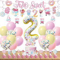 Two Sweet Birthday Decorations - 2nd Birthday Banner Donut Theme Party Kit for Two Years Old with Macaron Balloon Garland and Candy Theme Supplies