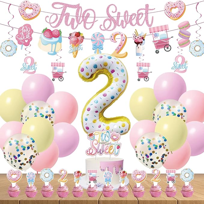 Two Sweet Birthday Decorations - 2nd Birthday Banner Donut Theme Party Kit for Two Years Old with Macaron Balloon Garland and Candy Theme Supplies