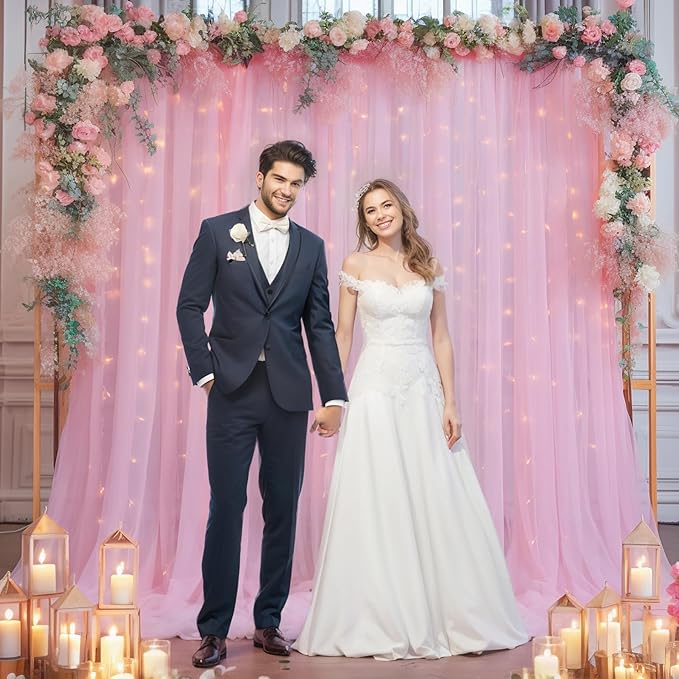 10x10ft Pink Tulle Backdrop Curtain with Lights String for Parites, Sheer Backdrop Curtains for Baby Shower Wedding Birthday Party Photo Shoot Decorations