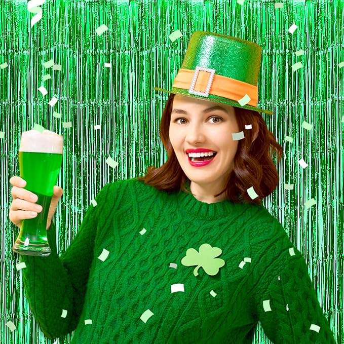 3 Pack Green Foil Fringe Curtain Backdrop, 3.28Ft x 6.6Ft Metallic Tinsel Foil Fringe Streamer Curtains for Photo Booth, Christmas Day, Thanksgiving, Wedding, New Year Party Decorations