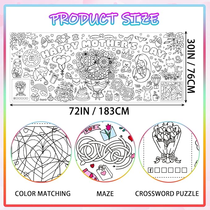 Mother's Day Giant Coloring Poster for Kids,30x72Inch Birthday Gift Drawing Paper Coloring Tablecloth DIY Art Crafts Mat,for Kids Party Mother's Day Themed Activity Wall Home Classroom Party Suppiles