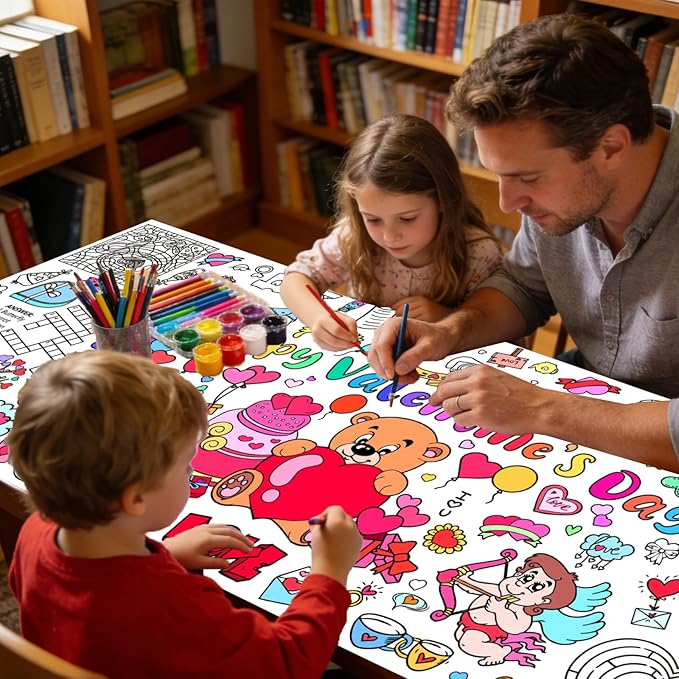 Valentine's Day Giant Coloring Poster,30x72 Inch Drawing Paper oloring Table Cloth,DIY Valentines Day Jumbo Activity Tablecloth Coloring Banner for Kids Art Home School Party Games Suppiles