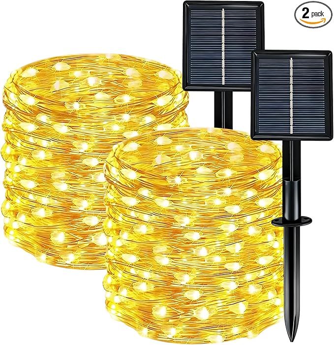 Solar String Lights Outdoor Waterproof 2 Pack Total 66ft 200LED 8 Modes Twinkle Lights Solar Fairy Lights for Patio, Garden Yard Party Wedding Tree Christmas Halloween Decoration, Warm White