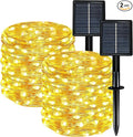 Solar String Lights Outdoor Waterproof 2 Pack Total 66ft 200LED 8 Modes Twinkle Lights Solar Fairy Lights for Patio, Garden Yard Party Wedding Tree Christmas Halloween Decoration, Warm White