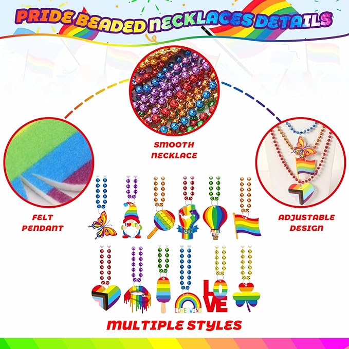 NOVWANG 24 Pcs Pride Beads Necklace 12 Styles Rainbow Beads Necklaces Multi Colors Necklaces for LGBT Parade Decorations Pride Party Favors