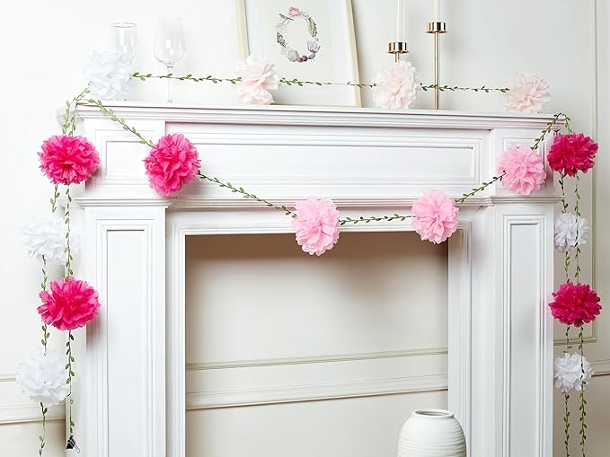 XIANNVXI Pink Tissue Paper Pom Pom Garlands Artificial Flowers Hanging Decorations 8.2ft Hanging Flowers Garland for Wedding Birthday Bridal Shower Party Spring Decorations 2PCS（Pink Gradient）