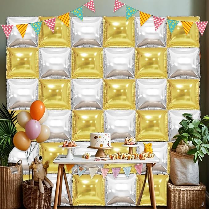 36 Piece XL Gold and Silver Square Foil Balloons Wall Screen Double Sided Square Balloon Screen Tunnel Arch Kit Mylar for Baby Shower Graduation Prom Birthday Party Decorations
