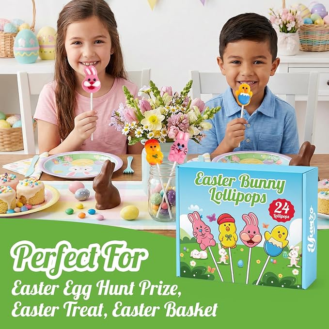 Easter Bunny Lollipops With Natural Colors – 24 Count Individually Wrapped Candy Pops, Bunny And Chick Shaped Lollipops For Easter Baskets, Egg Hunt Party Favors, And Spring Candy For Kids.