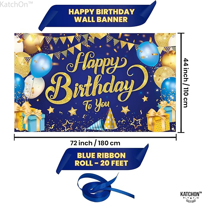 KatchOn, XtraLarge Blue and Gold Happy Birthday Banner - 72x44 Inch | Blue and Gold Bday Backdrop for Happy Birthday Decorations | Party Decorations for Men and Women