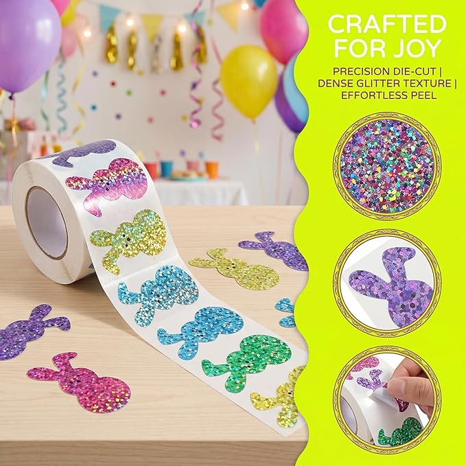 500 PCS Bling Sparkly Easter Bunny Stickers - 1.5'' x 0.8'' Large, 1 Roll of 5 Colors | Easter Basket Essentials Stuff, Waterproof Self-Adhesive Rabbit Stickers for Holiday Cards Boxes Seal Envelopes