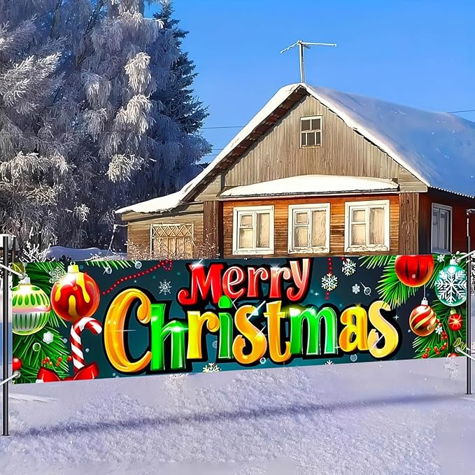 Merry Christmas Fence Banner with Ornaments and Candy Cane Decor 78 x 17 Inch Outdoor Holiday Yard Lawn Decoration Home Front Door Christmas Decoration